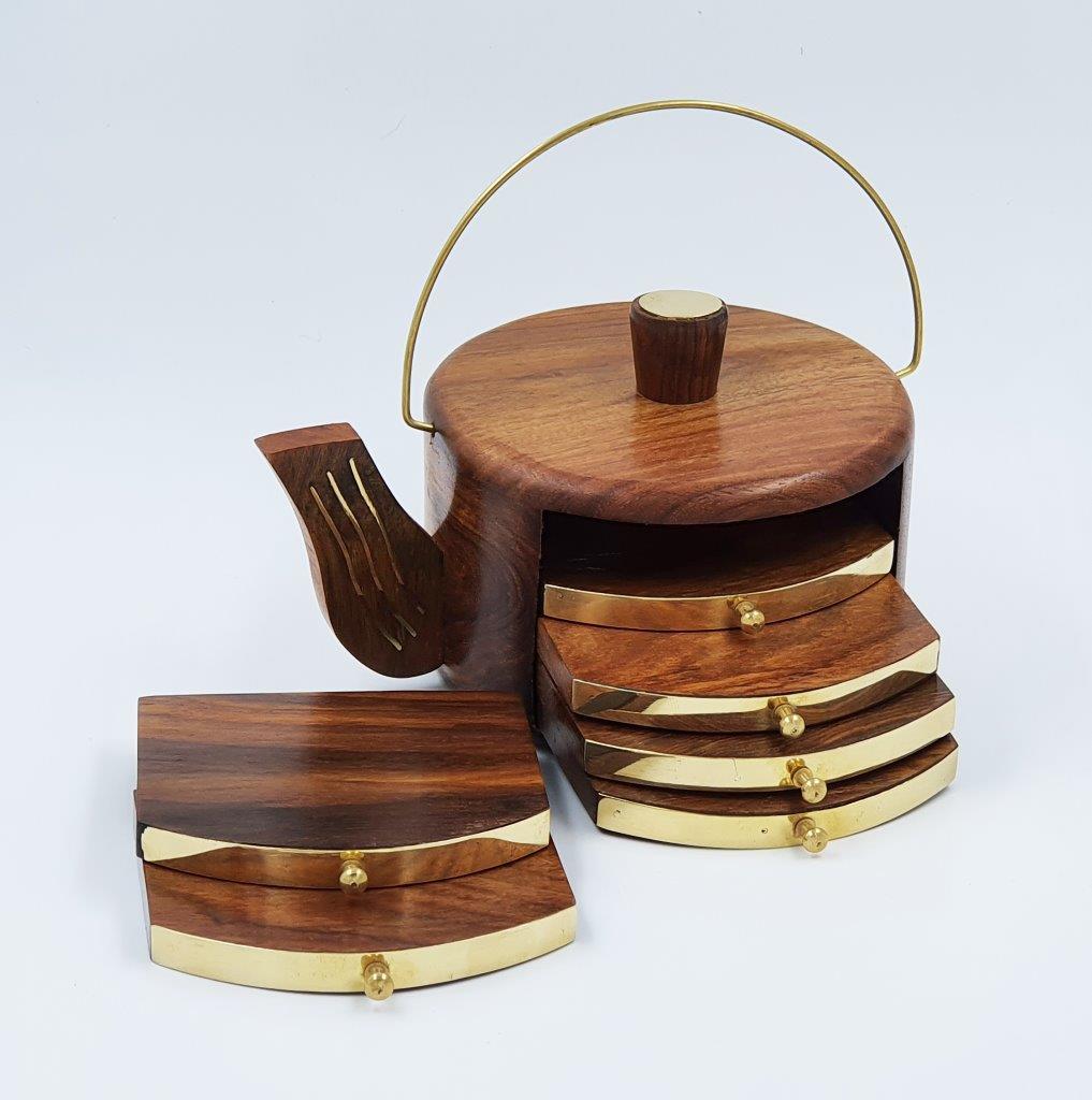 Wooden Kettle Shape Drink Coasters Set Of 6 For Tumblers And Water Glasses
