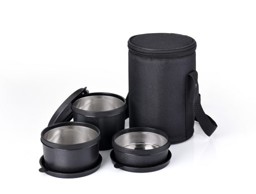 LUNCH BOX ROUND WITH 3 CONTAINER BLACK (T)