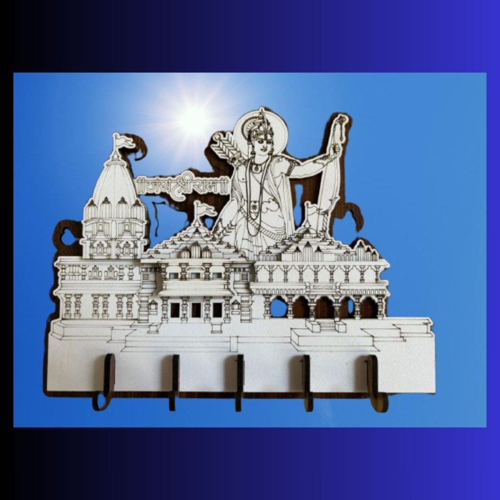 Intricate Shree Ram Mandir Wooden Key Holder for Spiritual Decor