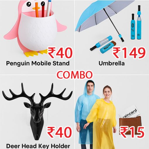 4-in-1 Utility Combo Pack – Mobile Stand, Bottle Umbrella, Key Holder, Raincard Raincoat
