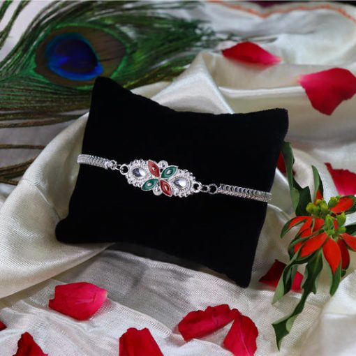Elegant Floral Rakhi with Red-Green Enamel Work and...