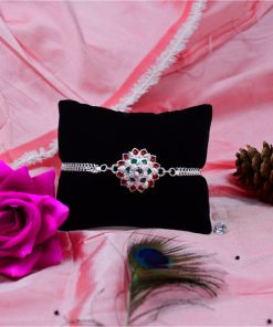 Round Shape Silver Chain Rakhi With  Red-Green Accents
