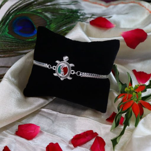 Turtle Motif Rakhi with Red-Green Enamel and Silver...