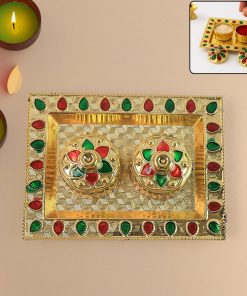 Decorative Golden Pooja Thali with Kumkum and Chawal Holders Featuring Multicolor Stone Embellishments