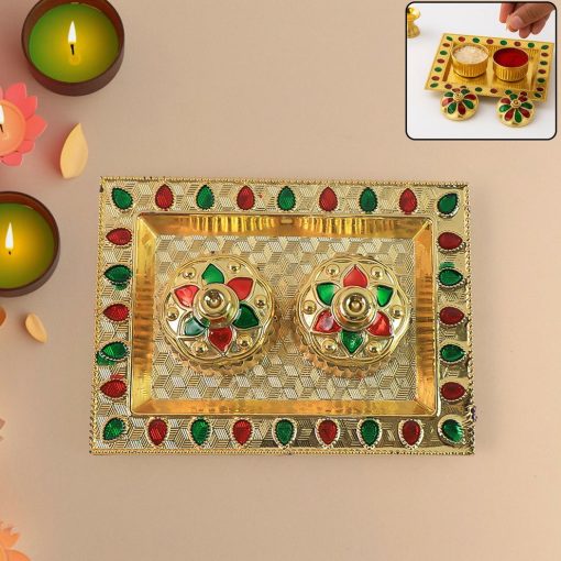 Decorative Golden Pooja Thali with Kumkum and Chawal Holders Featuring Multicolor Stone Embellishments