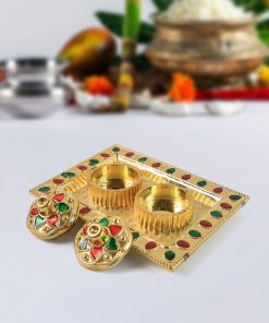 Decorative Golden Pooja Thali with Kumkum and Chawal Holders Featuring Multicolor Stone Embellishments