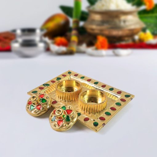 Decorative Golden Pooja Thali with Kumkum and Chawal Holders Featuring Multicolor Stone Embellishments
