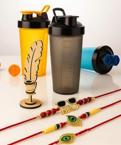 5 in 1 Combo : 3Rakhi, 1Gym Shaker Bottle, 1 wooden Pen stand.