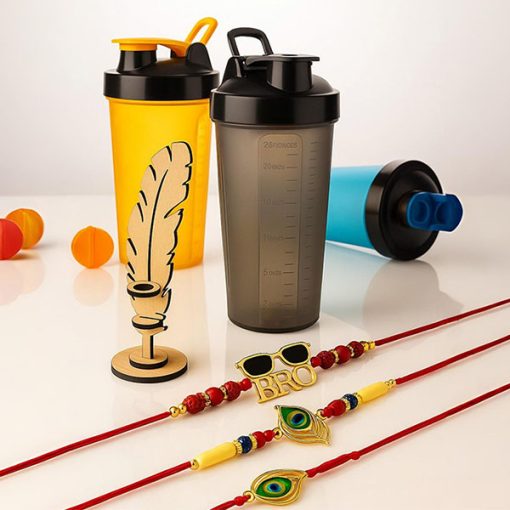 5 in 1 Combo : 3Rakhi, 1Gym Shaker Bottle, 1 wooden Pen stand.