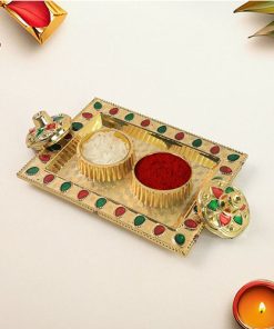 Decorative Golden Pooja Thali with Kumkum and Chawal Holders Featuring Multicolor Stone Embellishments