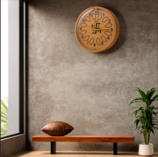 Wooden Swastik Engraving Rajwadi Premium Wooden Wall Clock With Glass 10"X 10" - Image 2