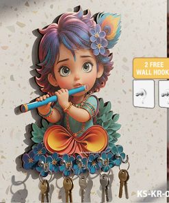 Uv Printed 5mm Cute Baby Krishna Wooden Key Holder with Includes 2 FREE Self-Adhesive Wall Hooks | KS-KR-002