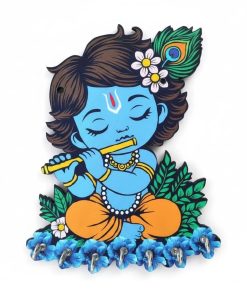 Uv Printed 5mm Cute Baby Krishna Wooden Key Holder with Includes 2 FREE Self-Adhesive Wall Hooks | KS-KR-003