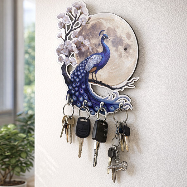 Peacock Moon Wooden Printed Key Holder Keystand size: 6x8inch