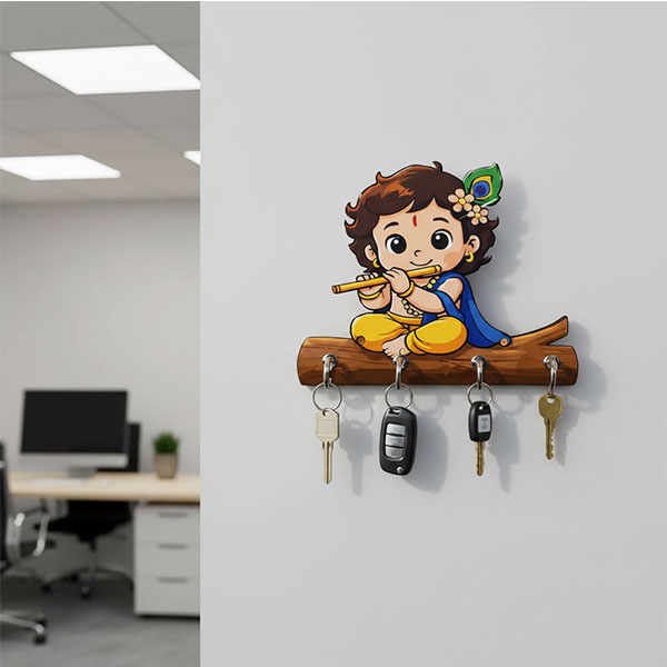 6x8 Krishna on tree Wooden Key Holder Wall Mounted Decorative Key Rack for Home Entrance size: 6x8inch