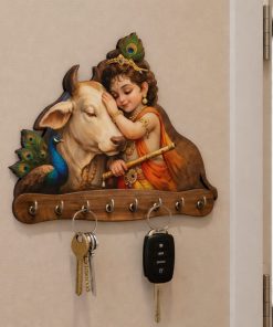 Key Stand Krishna With Cow and Peacock Printed With Hook (6*8inch)