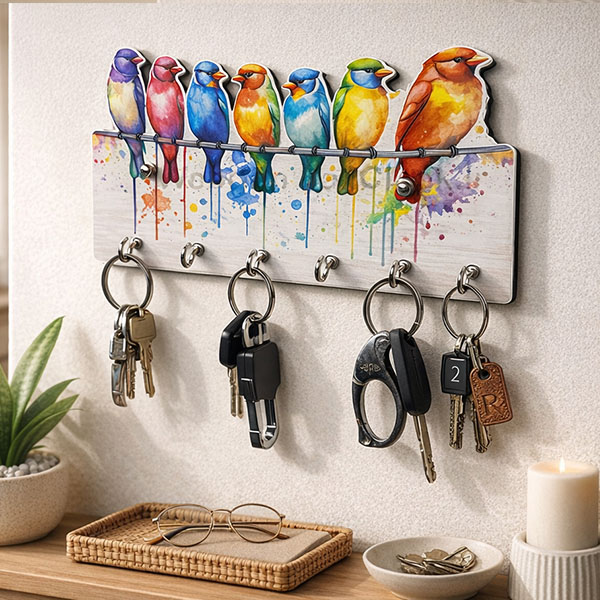 Chidiya Wooden Printed Key Holder | 5 Hooks