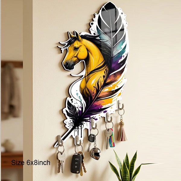 Feather Horse Printed Wooden Key Holder