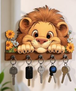 Cute Lion Printed Wooden Key Holder