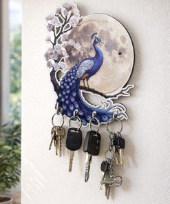 Peacock Moon Wooden Printed Key Holder