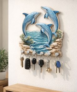 Dolphin Wooden Key Holder Wall Mounted Decorative Key Rack for Home Entrance