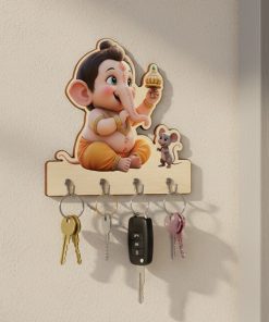 Baby Ganesha Wooden Printed Key Holder | 5 Hooks | No Drill 2 Self Adhesive Hook Free