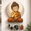 Lord Budhha Wooden Printed Key Holder | 5 Hooks | No Drill 2 Self Adhesive Hook Free