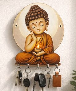 Lord Budhha Wooden Printed Key Holder | 5 Hooks | No Drill 2 Self Adhesive Hook Free